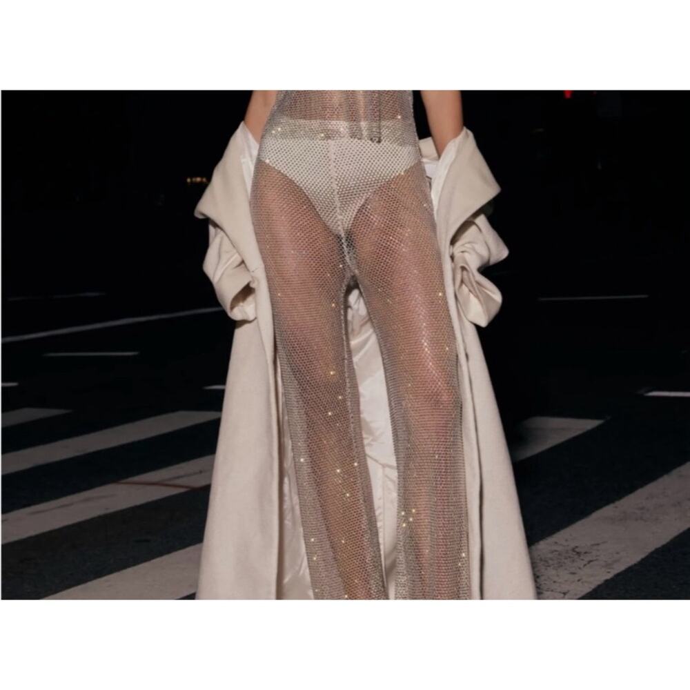 Meshki Crystal Sheer Wide Leg Pants in Ivory